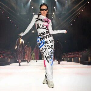 Half Heart Long Sleeve Bodycon Midi Maxi Dress Graphic Print Stretchy White